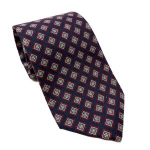 Lands End Silk Tie Mens Navy Red Geometric Pattern Hand Sewn USA